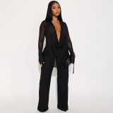 Women Fall/Winter V-Neck Ruffle Edge Cuff Lace-Up See-Through Top and Bell Bottom Pants