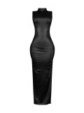 Women's Sleevelesss Slim Slit Pu Leather Long Dress