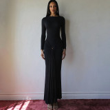 Women autumn/winter elegant solid long-sleeved metal ring lace-up dress Dresses
