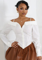 Women Turndown Collar Shirt Long-Sleeved Off-Shoulder Shirt
