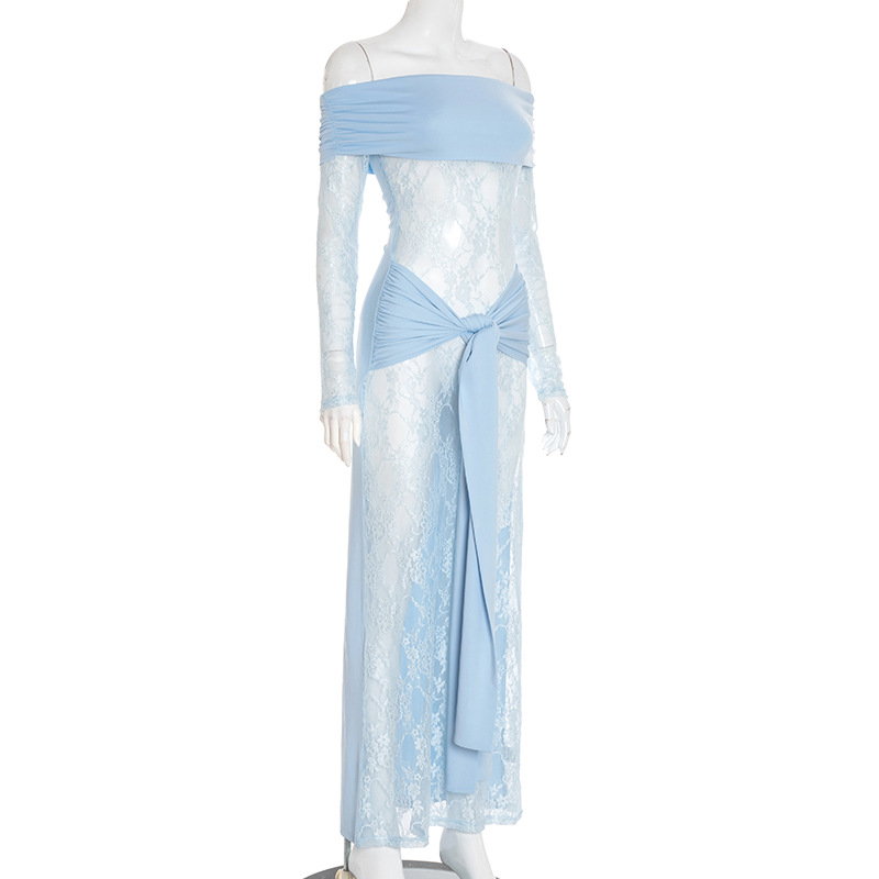 Women Sexy See-Through Lace Patchwork Off-Shoulder Long-Sleeve Dress