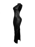 Women's Sleevelesss Slim Slit Pu Leather Long Dress