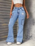 Distressed Hem Women Slim Fit Fashion Bell Bottom Denim Long Pants