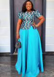Plus Size Skirt + T-Shirt African Women's Satin Print Two-Piece Set