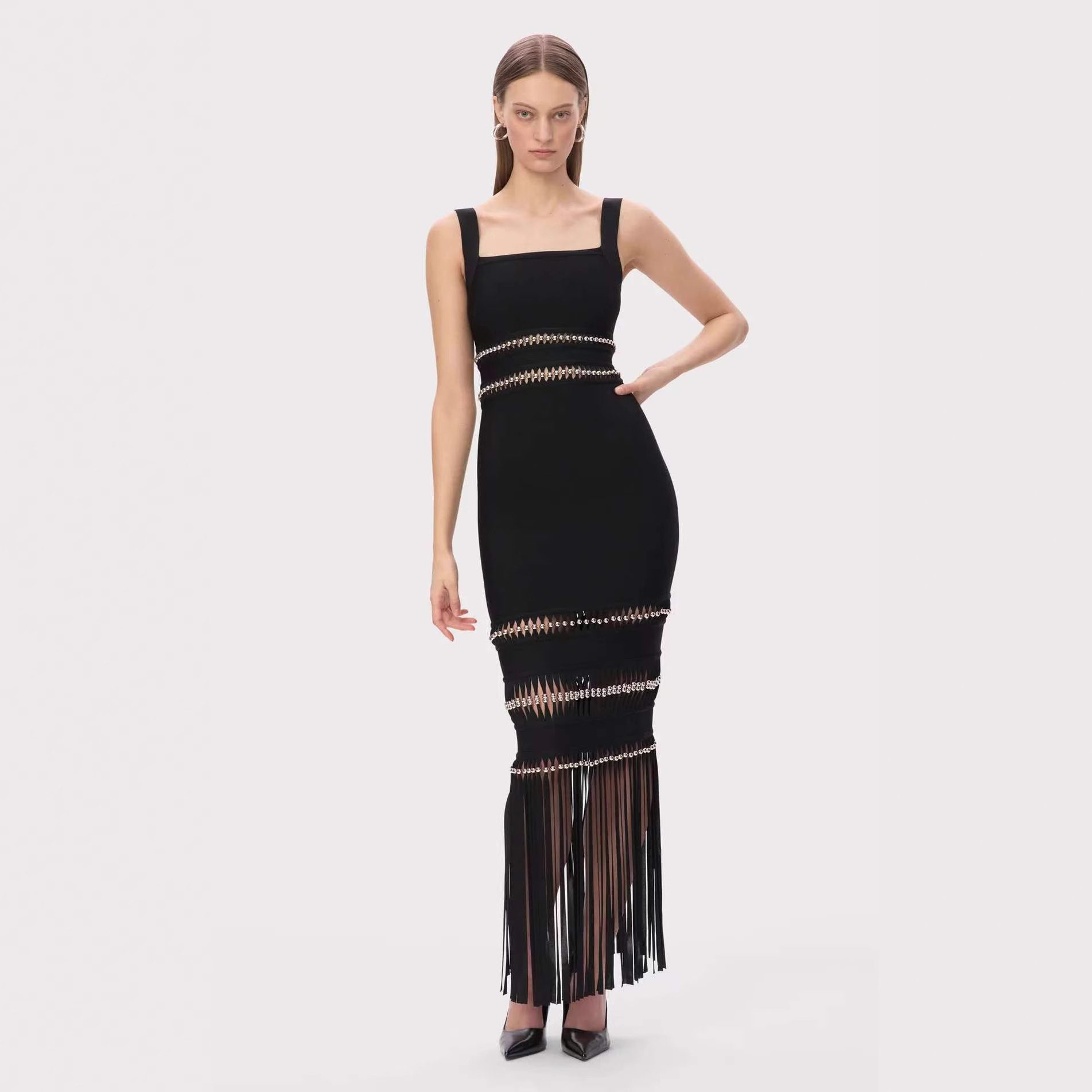 Women Bandage Sequined Tassel Evening Maxi Dress