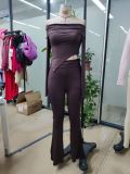 Women Solid Knitting Casual Long-Sleeved Top and Pant Two-Piece Set