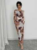 Women Spring/Autumn Printed American Style Long-Sleeved Maxi Dress