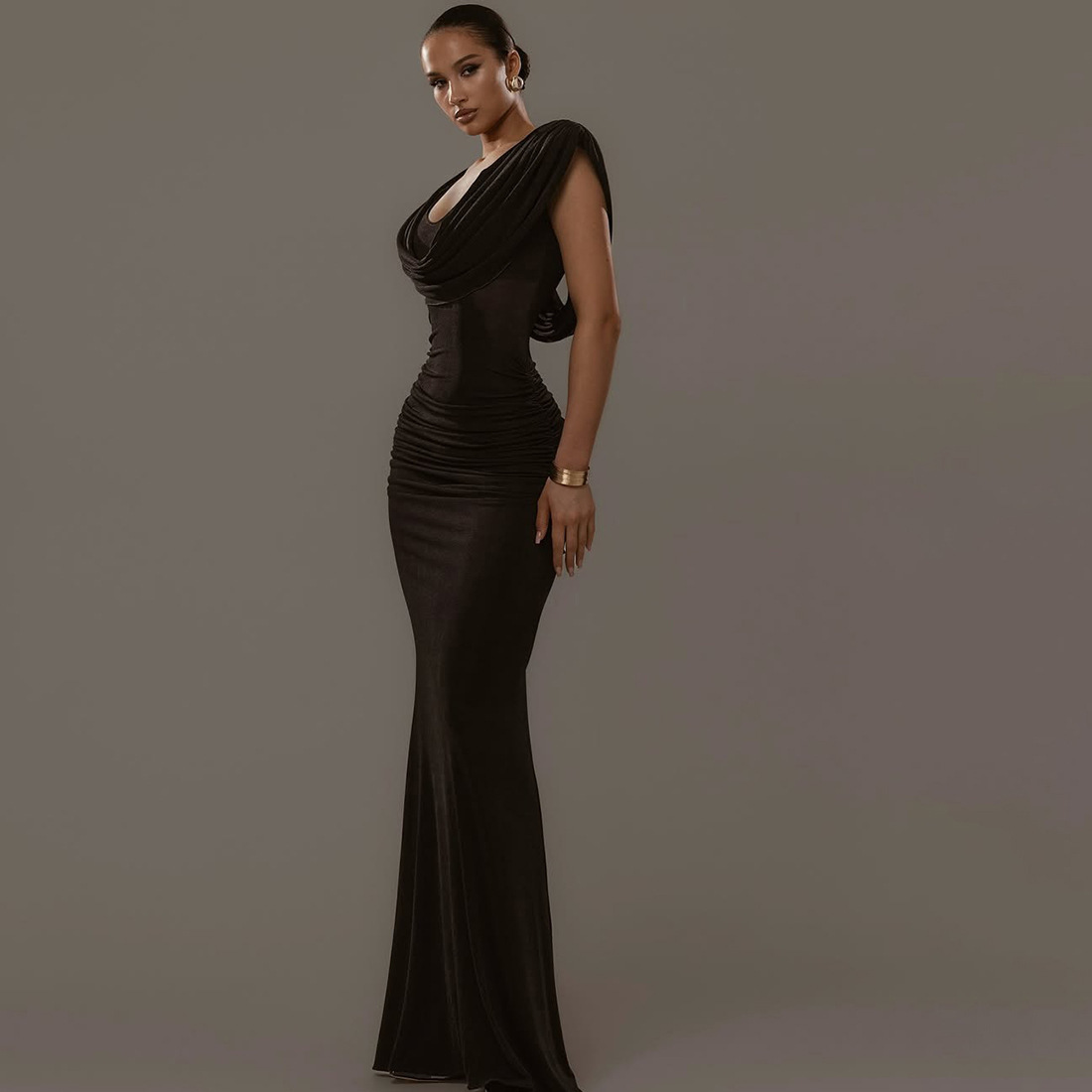 Autumn Women's Solid Color Chic Elegant Slim Waist Pleated Cowl Neck Slim Fit Long Dress
