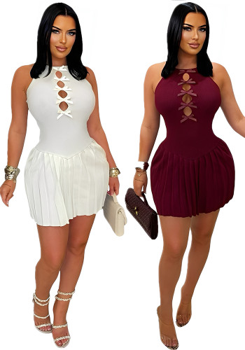 Fashion Women's Slim Fit Sexy Solid Color Ribbed Patchwork Pleated Short Dress