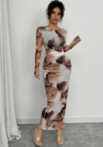 Women Spring/Autumn Printed American Style Long-Sleeved Maxi Dress