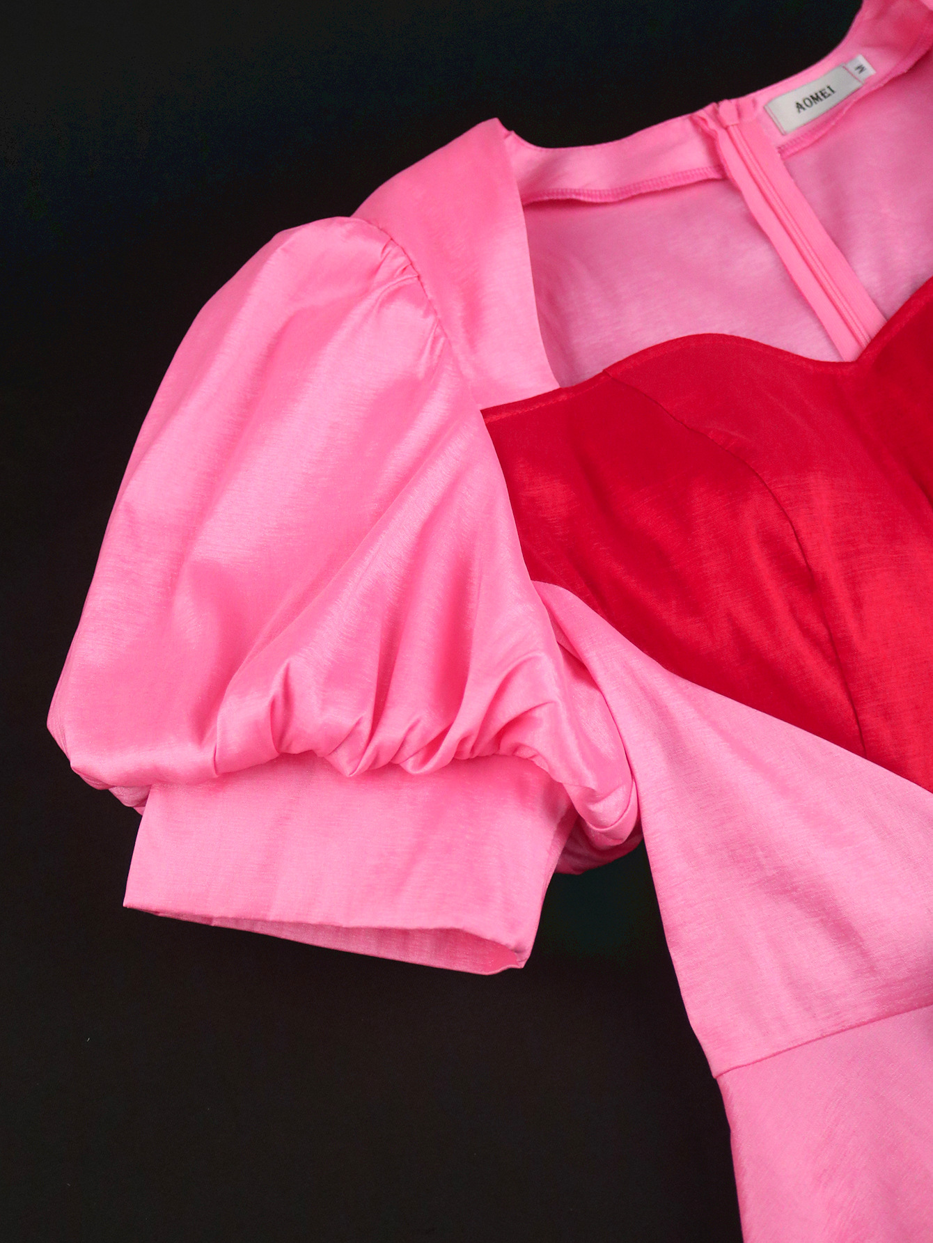 Women Contrast Heart Print Bow Puff Sleeve Party Dinner Dress