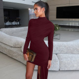Women's Autumn Fashion Slim Fit Round Neck Long Sleeve Shirred Bodycon Irregular Ribbon Dress
