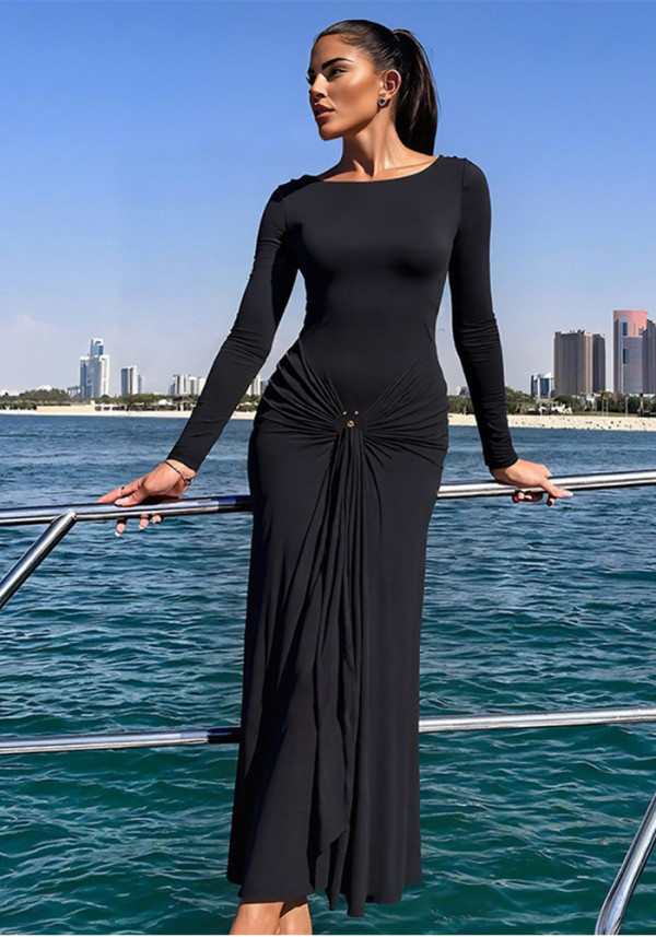 Women autumn/winter elegant solid long-sleeved metal ring lace-up dress Dresses