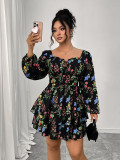 Women Printed Cascading Ruffles Square Neck Backless Sexy Puff Sleeve Dress
