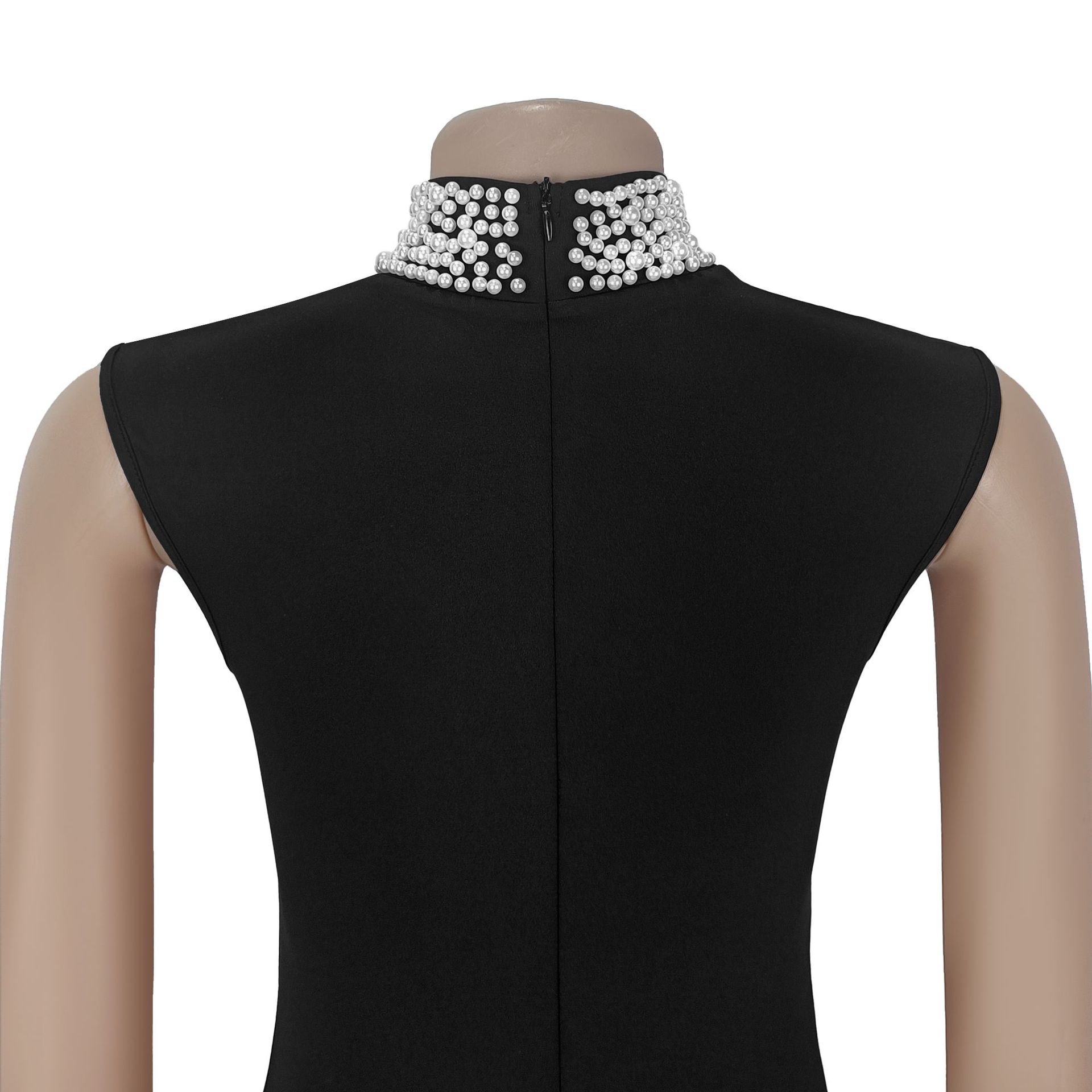 Fashion Women's Chic Pearl Patchwork Sleeveless Pleated Long Dress