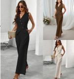 Solid Color V-Neck Sleeveless Button-Up Vest High Waist Career  Women's Pants Suit