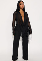 Women Fall/Winter V-Neck Ruffle Edge Cuff Lace-Up See-Through Top and Bell Bottom Pants