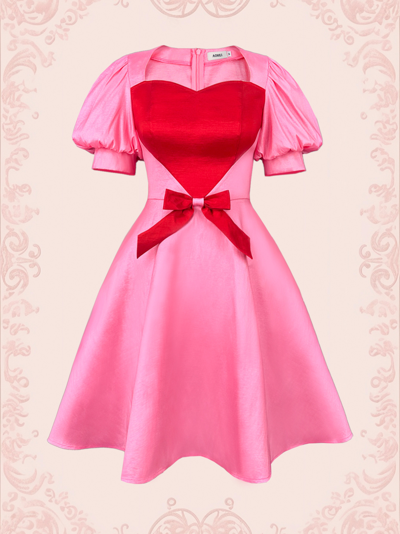 Women Contrast Heart Print Bow Puff Sleeve Party Dinner Dress