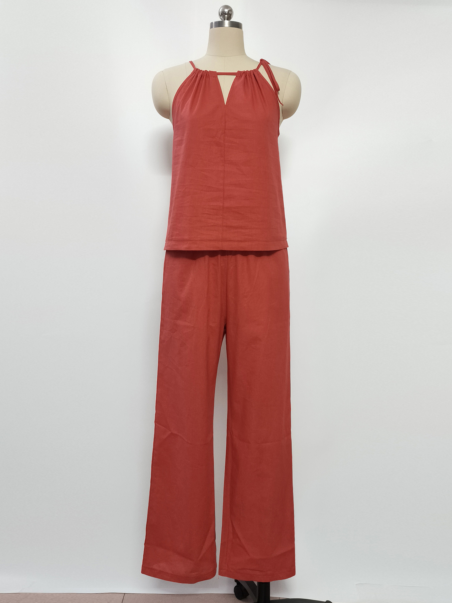 Summer Women's Openwork Halter Neck Top Wide Leg Pants Fashion Casual Linen Set