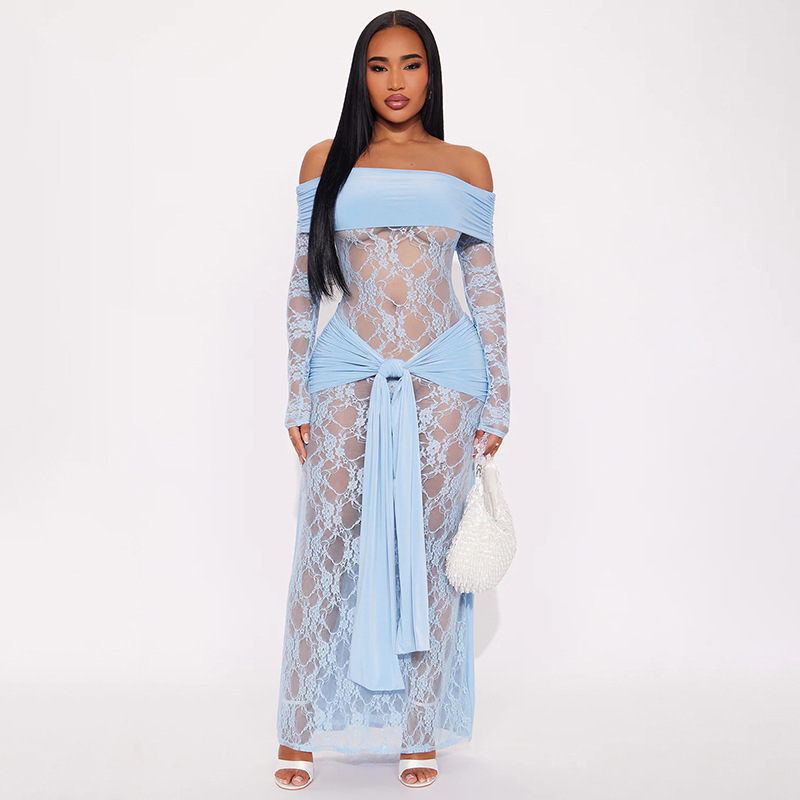 Women Sexy See-Through Lace Patchwork Off-Shoulder Long-Sleeve Dress