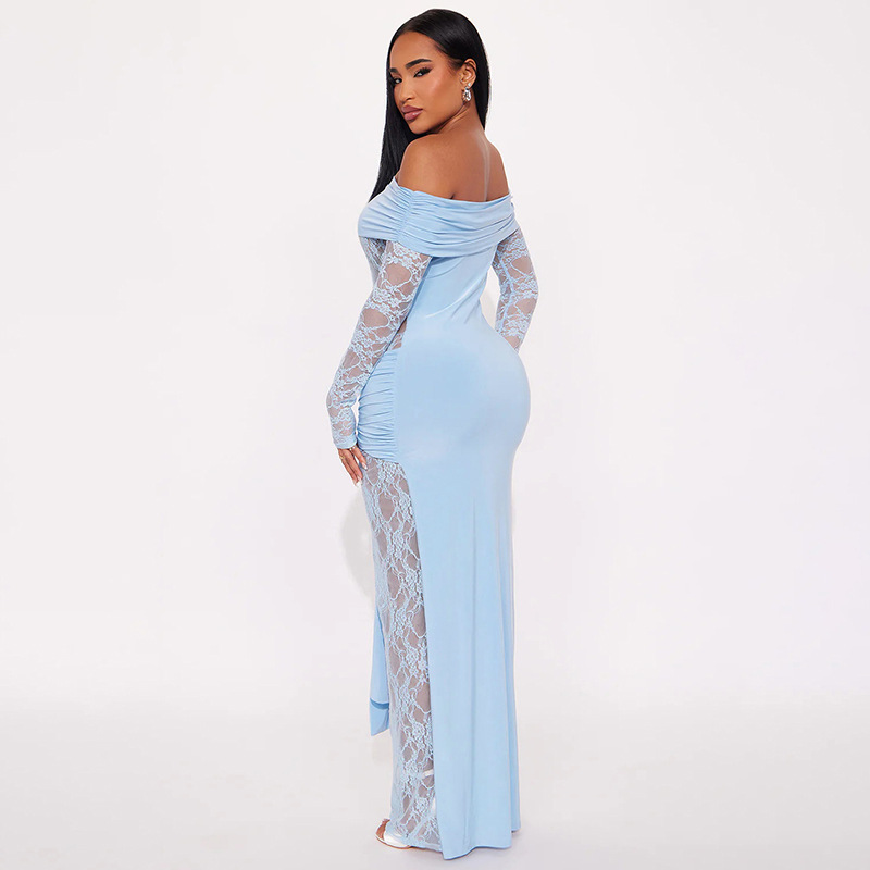 Women Sexy See-Through Lace Patchwork Off-Shoulder Long-Sleeve Dress