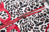 Women Fall/Winter Stand Collar Zippered Patchwork Leopard Print Top and Pants