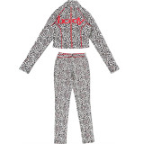 Women Fall/Winter Stand Collar Zippered Patchwork Leopard Print Top and Pants