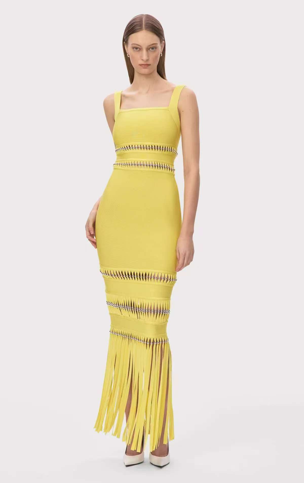 Women Bandage Sequined Tassel Evening Maxi Dress