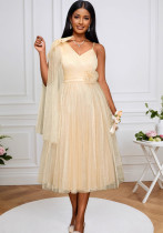 Women One-Shoulder Mesh V-Neck Floral Halter Party Dinner Dress Women One-Shoulder Mesh V-Neck Floral Halter Party Dinner Dress