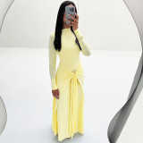 Women autumn/winter elegant solid long-sleeved metal ring lace-up dress Dresses