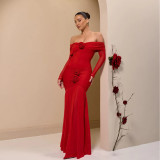 Women autumn/winter sexy floral off-shoulder pleated bodycon dress