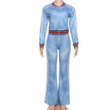 Autumn Women's Striped Color Block Long Sleeve Top Flared Pants Casual Set