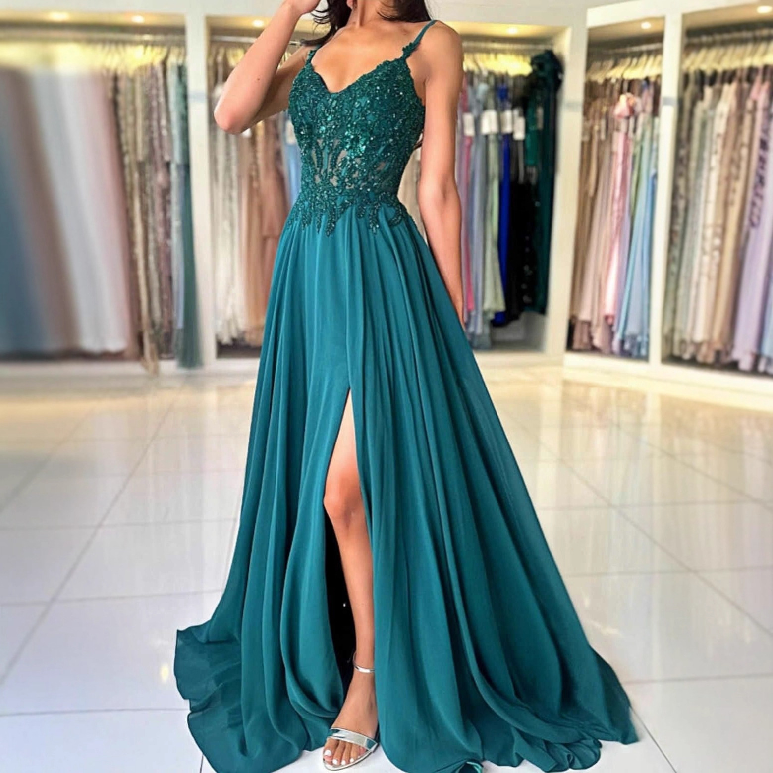 Elegant Plus Size Dress Women's Strappy Sexy Ball Gown Long Lace Dress(Processing time need 3-6 days)
