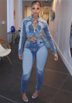 Women's Fashion Sexy High Stretch Patchwork Color Block Washed Denim Casual Two-Piece Pants Set