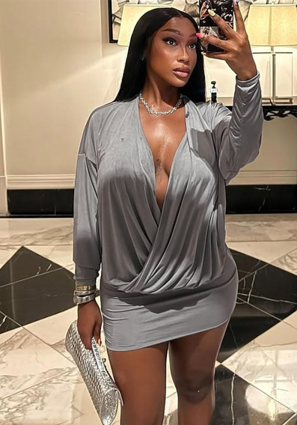 Autumn Outfit Sexy Fashion Deep V-Neck Long Sleeve Bodycon Dress