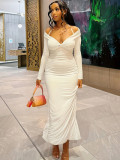 Women's Autumn Sexy Off Shoulder Fashion Long Sleeve Pleated Design Long Dress