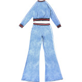 Autumn Women's Striped Color Block Long Sleeve Top Flared Pants Casual Set