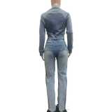 Women's Fashion Sexy High Stretch Patchwork Color Block Washed Denim Casual Two-Piece Pants Set