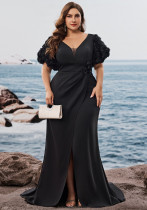 Plus Size Puff Sleeve Evening Dress Formal Party Sexy Slit Chic Mermaid Long Dress