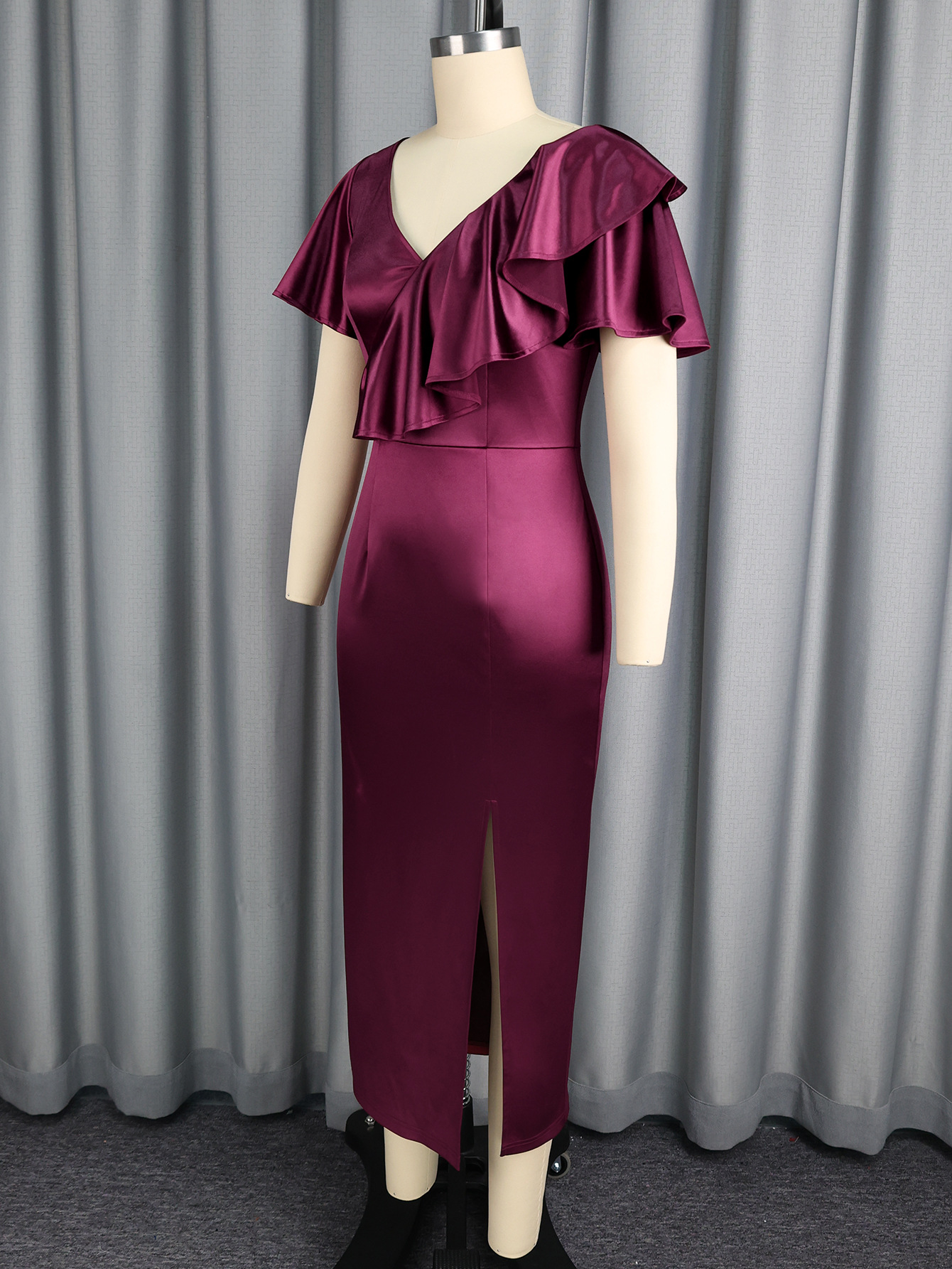 Sexy V-Neck Satin Party Dress Flounce Slim Fit Slit Bodycon Long Dress