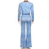 Autumn Women's Striped Color Block Long Sleeve Top Flared Pants Casual Set
