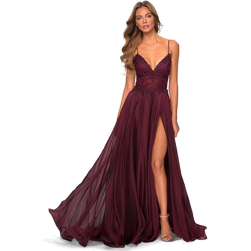 Burgundy Evening Dress V-Neck Strappy Slit Sexy Formal Party Dress(Processing time need 3-6 days)