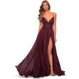 Burgundy Evening Dress V-Neck Strappy Slit Sexy Formal Party Dress（Processing time need 3-6 days）