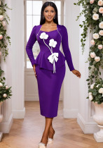 Women's Purple Square Neck Floral Color Block Long Sleeve Dress Slim Fit Party Bodycon Dress