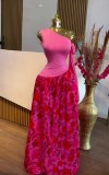 Women's Autumn Sleeveless Slash Shoulder Slim Fit Print Pleated Chic Long Dress