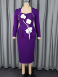 Women's Purple Square Neck Floral Color Block Long Sleeve Dress Slim Fit Party Bodycon Dress