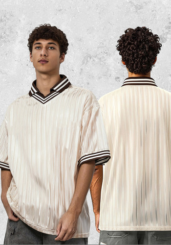 Men's Summer Polo Shirt Color Block Jersey Trendy Loose V-Neck Short Sleeve T-Shirt