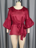 Peter Pan Collar Lantern Sleeve Bow Slim Waist Top Belly Cover Slim Fit Party Shirt