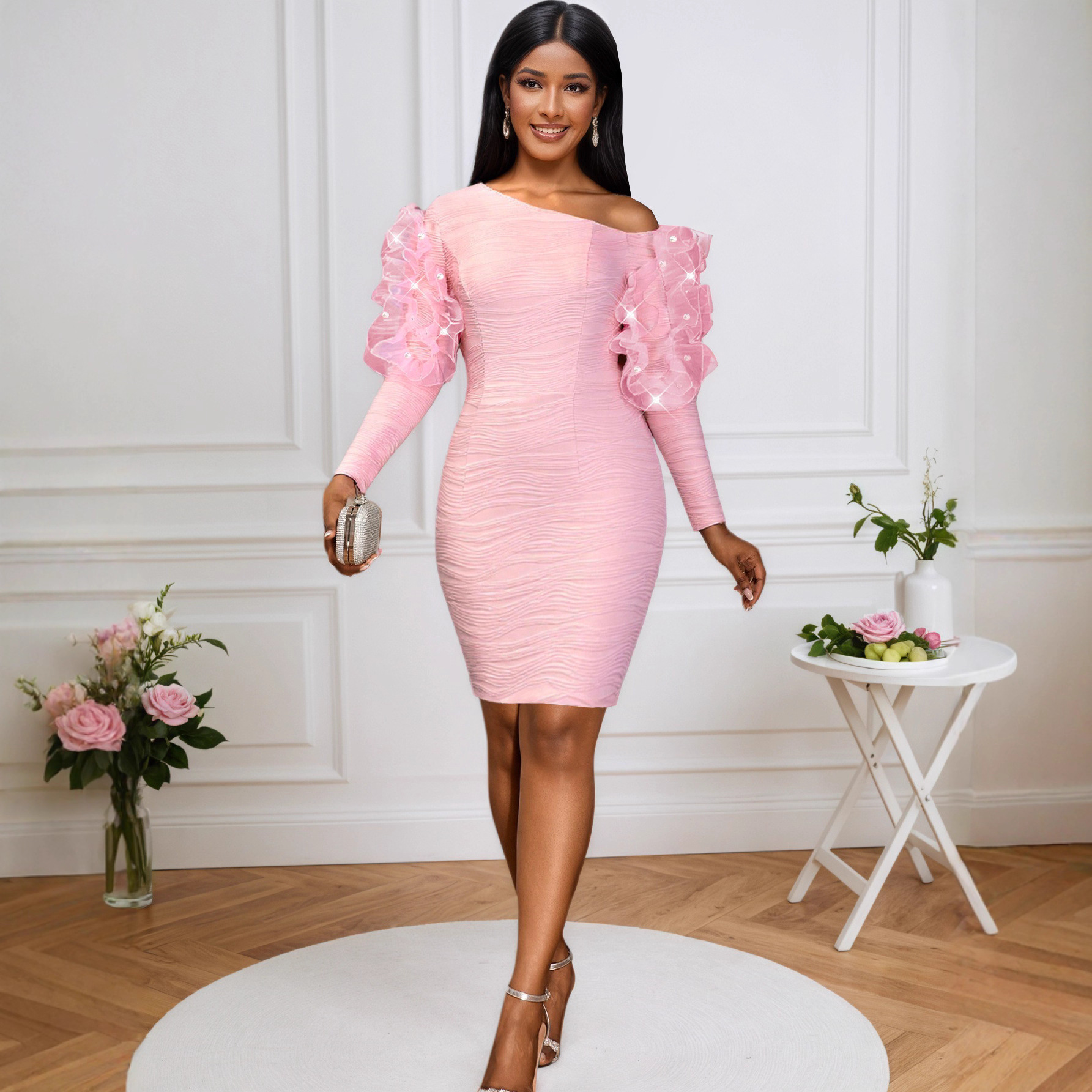 Elegant Pearl Mesh Flounce Long Sleeve Sexy Off-the-Shoulder Slim Evening Bodycon Dresses