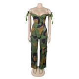 Printed Lace-Up Drawstring Multi-Pocket Two Piece Pants Set